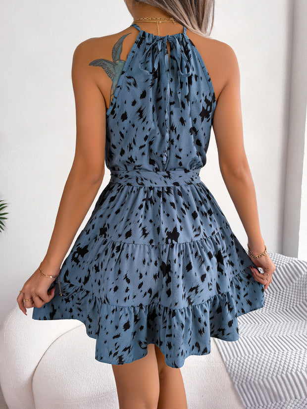 Leopard Print Sleeveless Ruffle Swing Dress for Women
