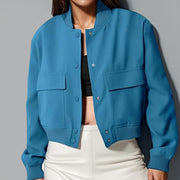Fashion Stand Neck Button Jacket for Women with Oversized Pockets