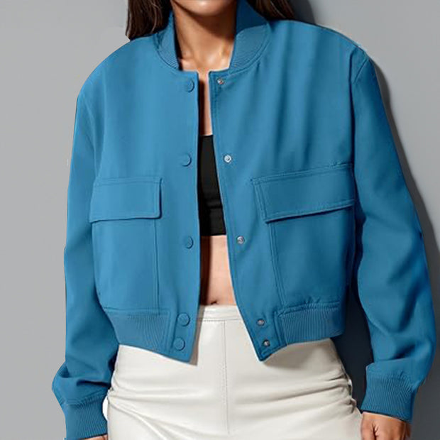 Fashion Stand Neck Button Jacket for Women with Oversized Pockets