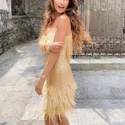 Women’s Sequin Tassel Mini Dress – Luxury Feather Party Dress