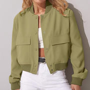 Fashion Stand Neck Button Jacket for Women with Oversized Pockets