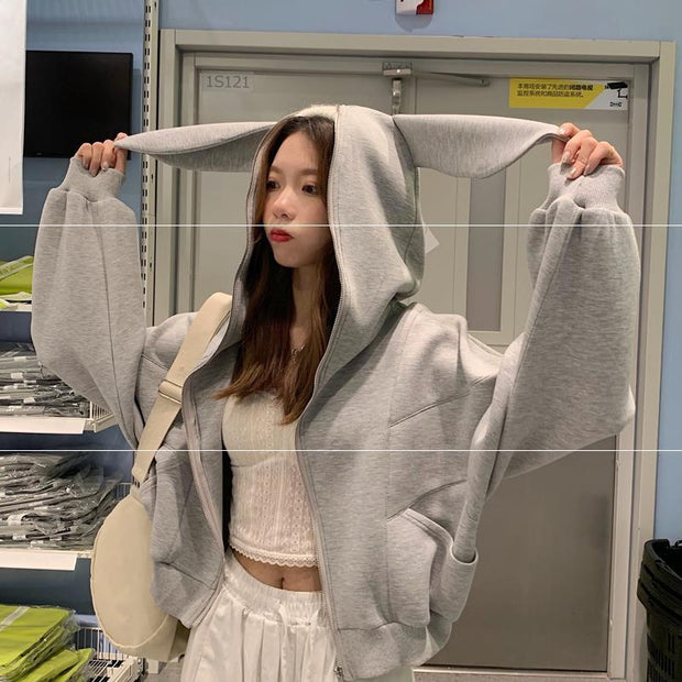 Casual Women Cropped Hoodie with Cute Ear Design