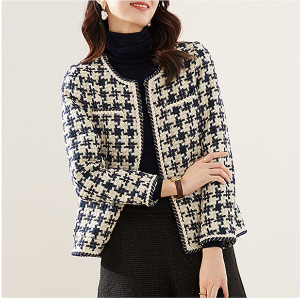 Elegant Houndstooth Pattern Short Jacket for Women