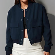 Fashion Stand Neck Button Jacket for Women with Oversized Pockets