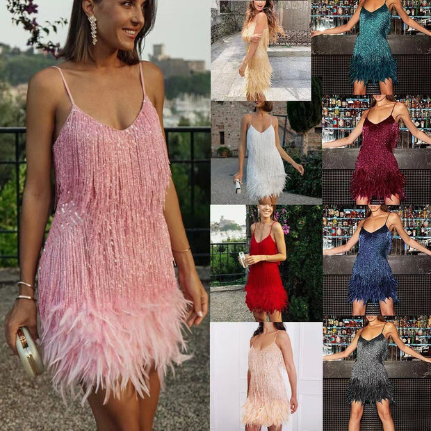 Women’s Sequin Tassel Mini Dress – Luxury Feather Party Dress