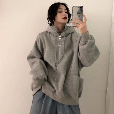 Korean Style Oversized Plus Velvet Hoodie for Women