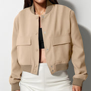 Fashion Stand Neck Button Jacket for Women with Oversized Pockets
