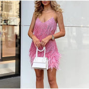 Women’s Sequin Tassel Mini Dress – Luxury Feather Party Dress