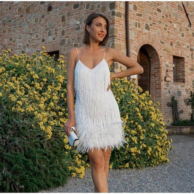 Women’s Sequin Tassel Mini Dress – Luxury Feather Party Dress