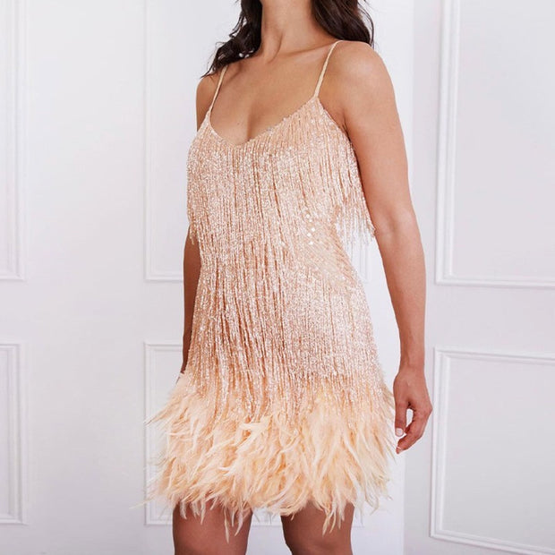 Women’s Sequin Tassel Mini Dress – Luxury Feather Party Dress